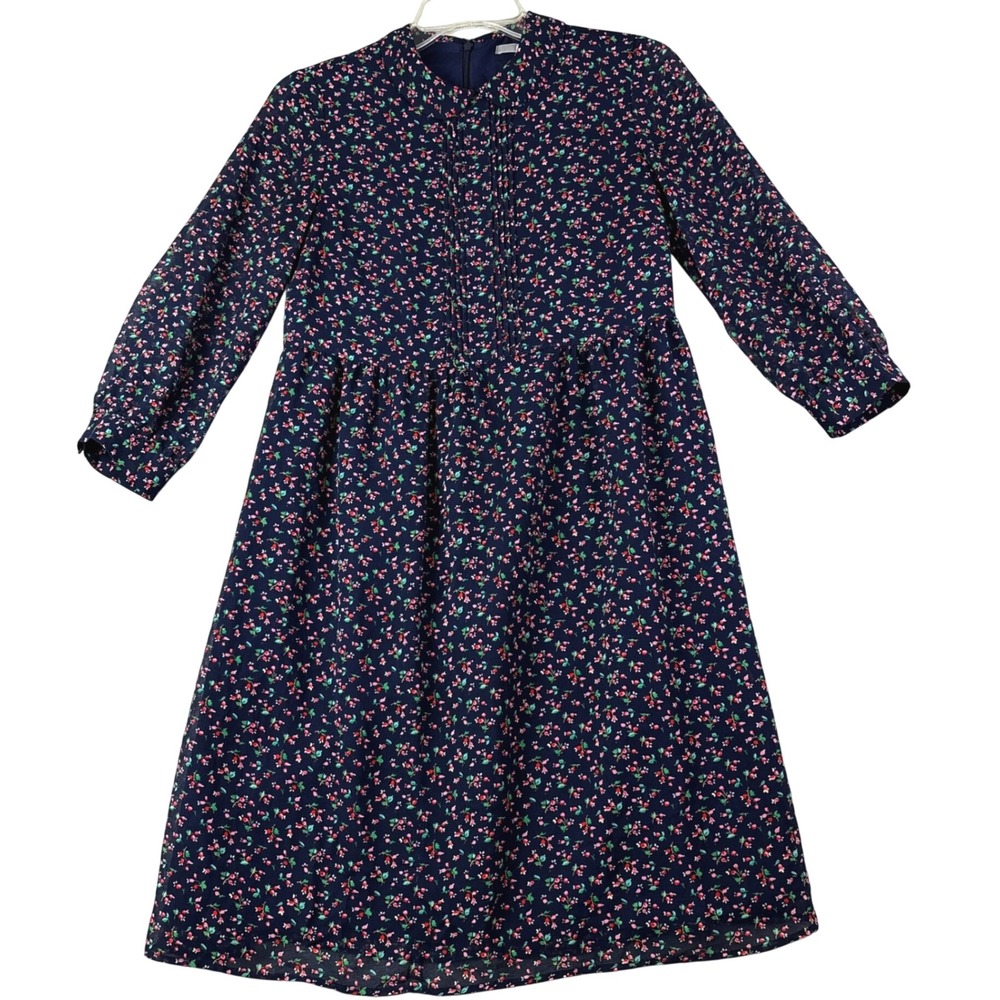 Uniqlo XS Navy Floral Dress Long Sleeve Pintuck Pleated Lined Fit & Flare Boho